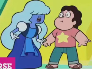 A blue Gem approximately Steven's height with shoulder pads, long hair, and a floor-length dress.