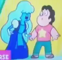 A blue Gem approximately Steven's height with shoulder pads, long hair, and a floor-length dress.